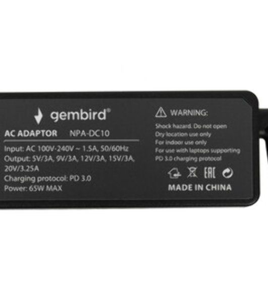 Блок питания Gembird для ноутбуков и Алисы NPA-DC11, PD3.0, 65Вт, штекер Type-C, коробка
