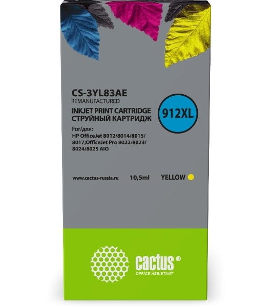 Картридж струйный Cactus CS-3YL83AE 912XL (есть ограничения по прошивке) желтый (10.5 мл) для HP OfficeJet 8012/8014/8015/8017;OfficeJet Pro 8022/8023/8024/8025 AIO