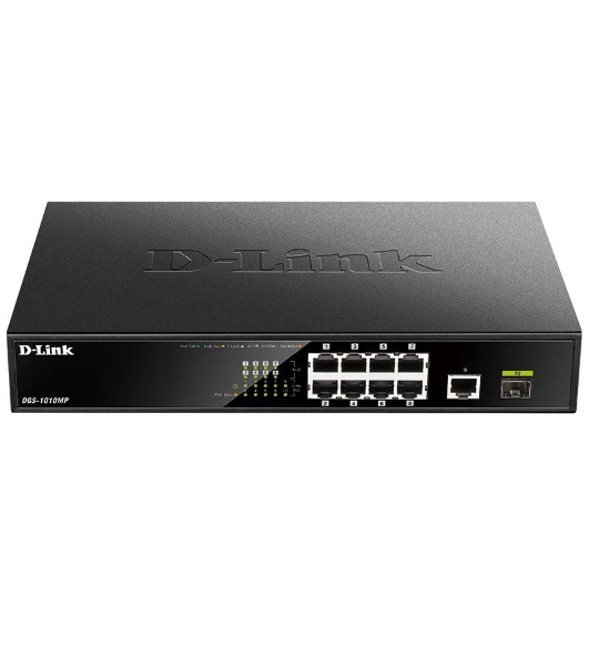 Коммутатор D-Link DGS-1010MP/A1A, 9×1 Гбит/с + 1×1 Гбит/с SFP, неуправляемый