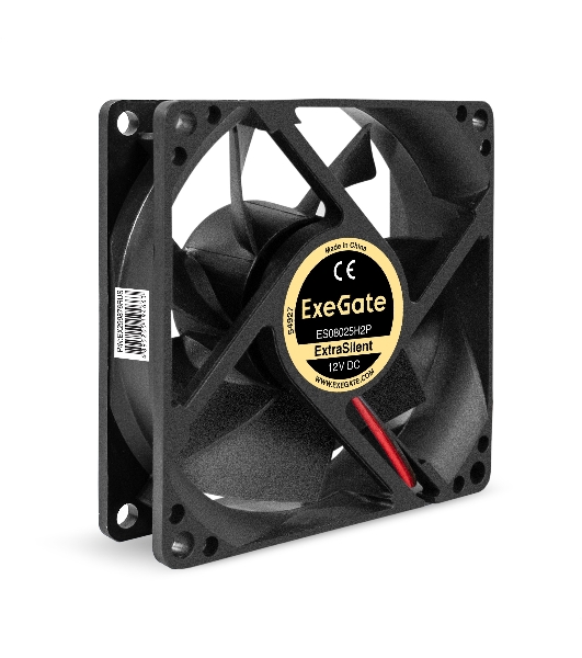 Вентилятор 12В DC ExeGate ExtraSilent ES08025H2P (80x80x25 мм, Hydraulic bearing (гидродинамический), 2pin, 1900RPM, 19dBA)