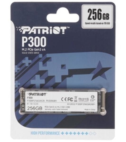 Накопитель SSD Patriot P300, 256Gb, PCIe 3.0 x4, M.2 2280, NVMe, R/W 1700/1100