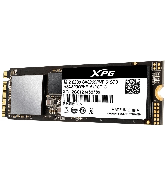 Накопитель SSD XPG SX8200 Pro, 512 Gb, PCIe 3.0 x4, M.2 2280, NVMe, R/W 3350/2350, с радиатором