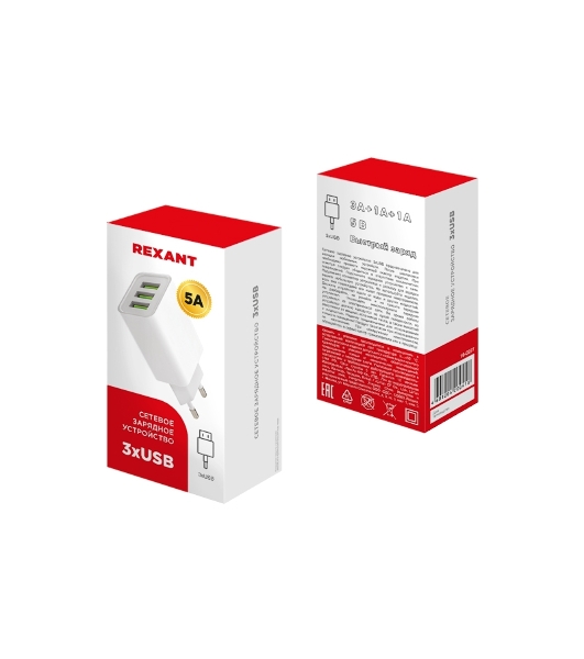 Сетевое зарядное устройство Rexant 3 x USB, 5V, 3 А + 1 А + 1 А, белый