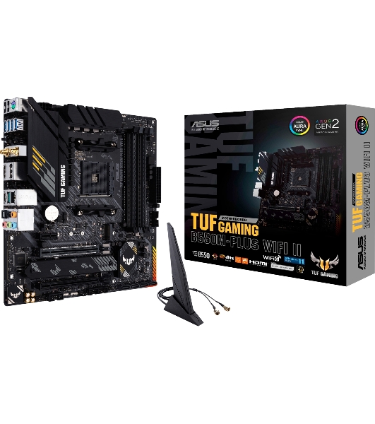 Материнская плата ASUS TUF GAMING B550M-PLUS WI-FI II, AM4, AMD B550, 4xDDR4, 4xSATA, 2xM.2, 1xPCIe 4.0 x16, 1xPCIe 3.0 x4, 1xPCIe x1, 1xDP, 1xHDMI, 1x 2.5Gb LAN, 1xUSB-C 3.2 Gen 2, 4xUSB-A 3.2 Gen 1, 2xUSB-A 2.0, 5x3.5 мм, TOSLINK, 7.1, mATX