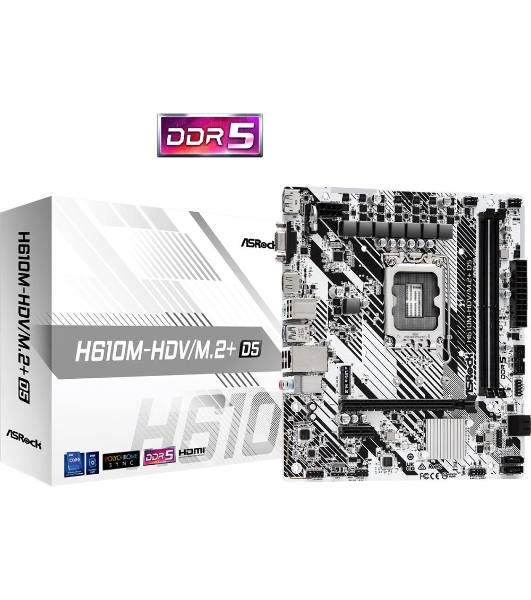 Материнская плата ASRock H610M-HDV/M.2+ D5, LGA 1700, Intel H610, 2xDDR5, 4xSATA, 1xM.2, 1xPCI-E 4.0 x16, 1xPCI-E x1, 1xDP, 1xHDMI, 1xVGA, 1x 1Gb LAN, 1xUSB-C 3.2 Gen 1, 1xUSB-A 3.2 Gen 1, 4xUSB 2.0, 3x3.5 мм, 7.1, Micro-ATX