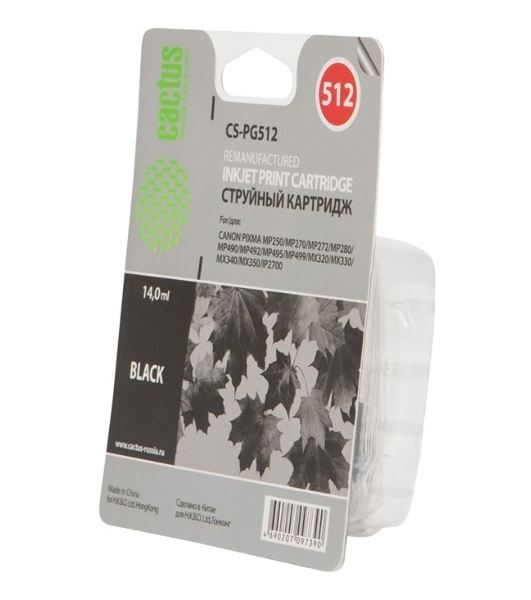 Картридж струйный Cactus CS-PG512 черный (14 мл) для Canon Pixma iP2700/MP240/MP250/MP260/MP270/MP272/MP280/MP480/MP490/MP492/MP495/MX320/MX330/MX340/MX350