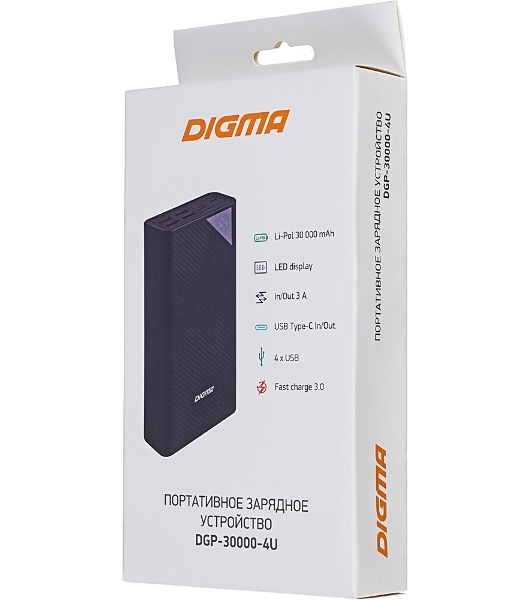 Портативный аккумулятор Digma DGP-30000-4U Li-Pol 30000mAh 3A черный 2xUSB
