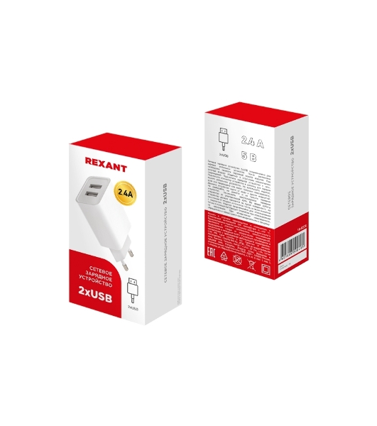 Сетевое зарядное устройство Rexant 2 x USB, 5V, 2.4 A, белое