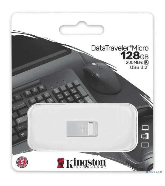 Флешка USB Kingston DataTraveler Micro (DTMC3G2/128Gb), 128Gb, USB 3.2 Gen 1, R/W 200/60, серебристый