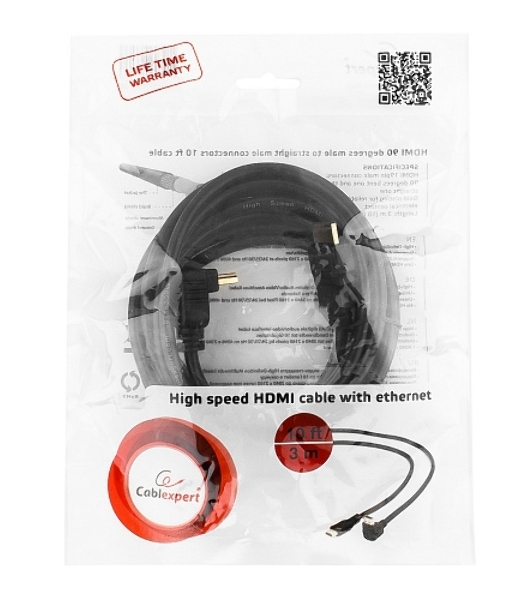 Кабель Cablexpert HDMI CC-HDMI490-10, 19M/19M, v2.0, медь, позол.разъемы, экран, угловой, 3м, черный, пакет