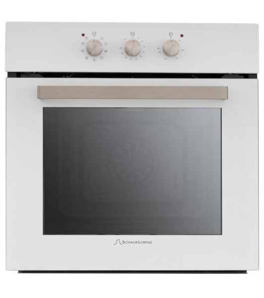 Встраиваемая электрическая духовка Schaub Lorenz 59.5х59.5x61 см, 58л, 9 режимов работы, механические переключатели, механический таймер, белая эмаль/ручки цвета нержавеющая сталь