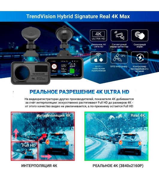Видеорегистратор TrendVision Hybrid Signature Real 4K Max, 3840x2160, 3', GPS/ГЛОНАСС, Wi-Fi, G-сенсор, датчик движения, GPS-информатор