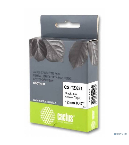 Картридж ленточный Cactus CS-TZ631 черный шрифт, желтый фон (12 мм, 8 м) для Brother 1010/1260VP/1830VP/9700PC