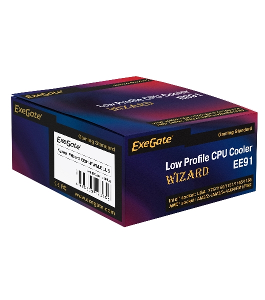 Кулер для процессора ExeGate Wizard EE91-PWM.BLUE серебристый, 90 мм, алюминий, 2400 об/мин, 24 дБ, 4 pin, 75 Вт, 50 мм