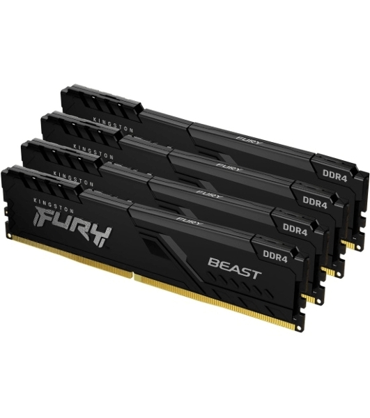 Оперативная память Kingston Fury Beast, DDR4, 64GB (4x16GB), 3200MHz, CL16, DIMM, радиатор, черный