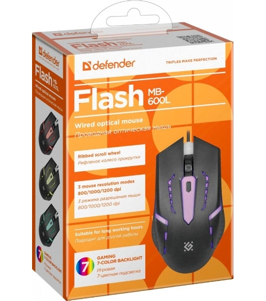 Мышь проводная Defender Flash MB-600L черный, 1200 dpi, USB, кнопки - 4