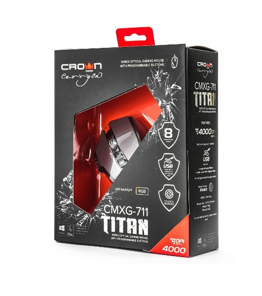 Мышь проводная Crown Gaming CMXG-711 черный, 4000 dpi, USB, кнопки - 8