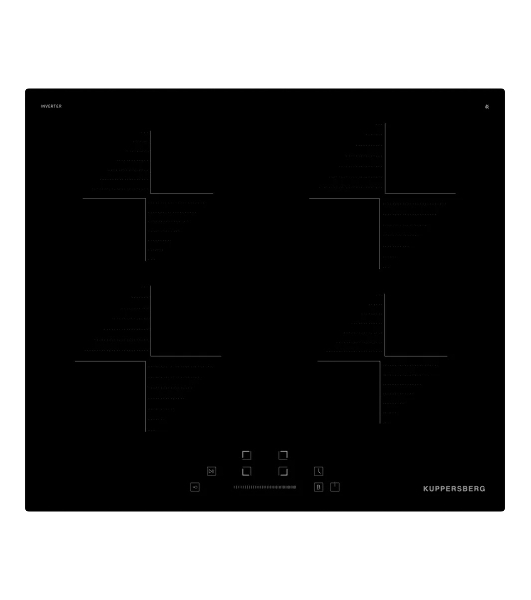 Индукционная варочная панель Kuppersberg ICI 604 60 см, индукция, High-Tech, inverter, прямой край, 9 уровней мощности, бустер, Stop and Go, автоматическое отключение, таймер, индикатор остаточного тепла, сенсорное/слайдерное управление, черный