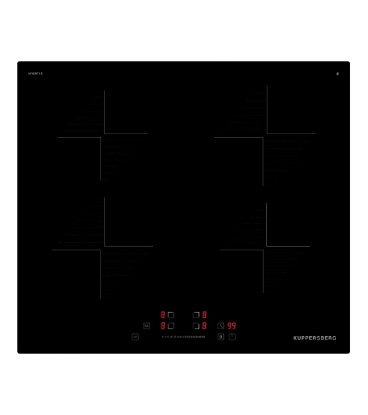 Индукционная варочная панель Kuppersberg ICI 604 60 см, индукция, High-Tech, inverter, прямой край, 9 уровней мощности, бустер, Stop and Go, автоматическое отключение, таймер, индикатор остаточного тепла, сенсорное/слайдерное управление, черный