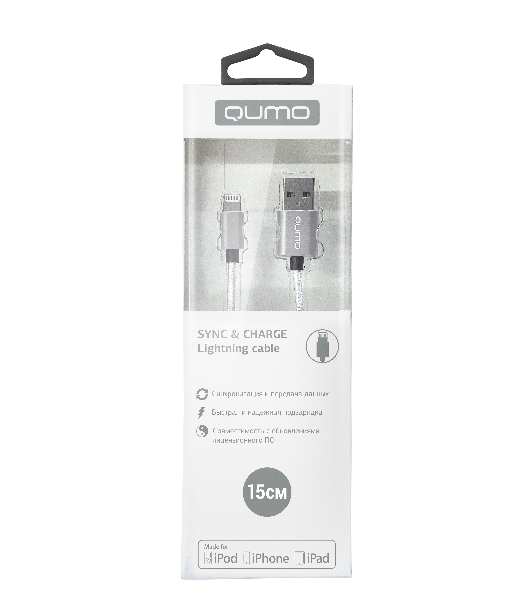 Кабель Qumo, MFI С48, USB-Apple 8 pin, 0,15м, 5В, 2,4A, 12Вт, опл. нейлон, кон металл, серебро