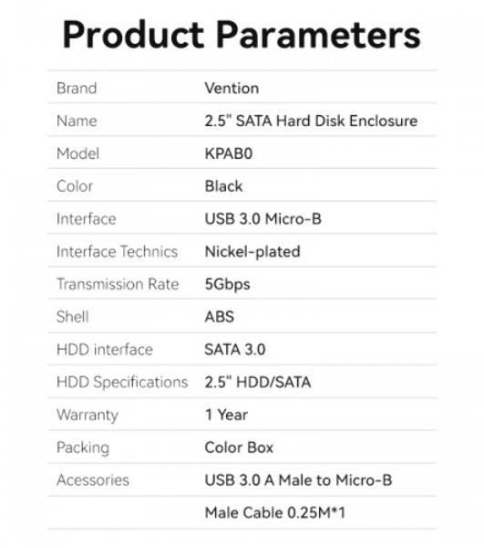 Внешний корпус Vention для HDD/SSD 2.5' (USB 3.0 Mirco-B) черный