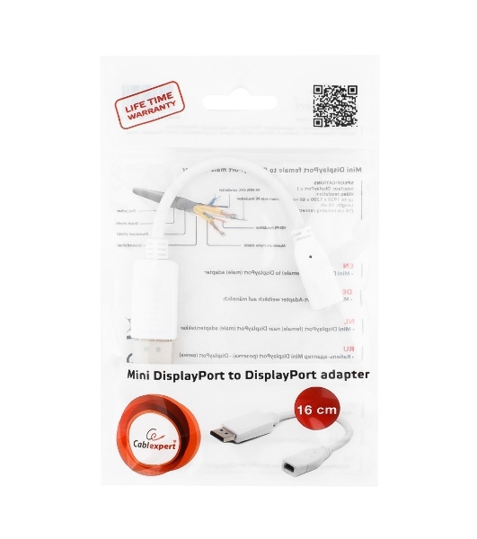 Переходник miniDisplayPort - DisplayPort, Cablexpert A-mDPF-DPM-001-W, 20F/20M, длина 16см, белый, пакет