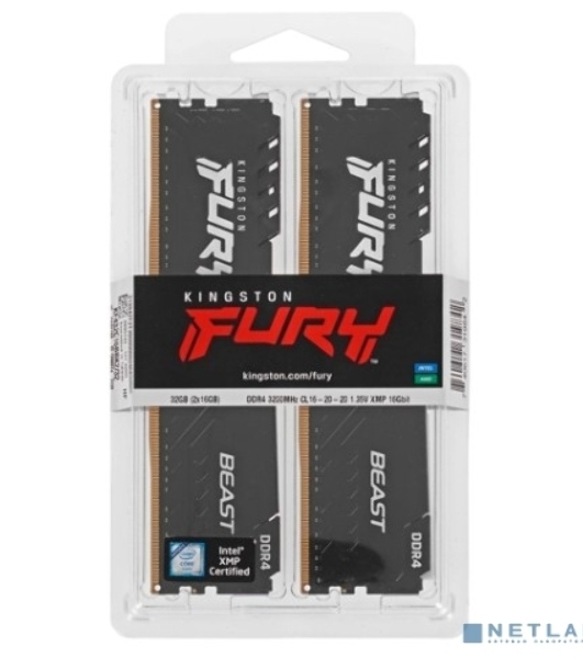 Оперативная память Kingston Fury Beast, DDR4, 32GB (2x16GB), 3200MHz, CL16, DIMM, с радиатором, черный
