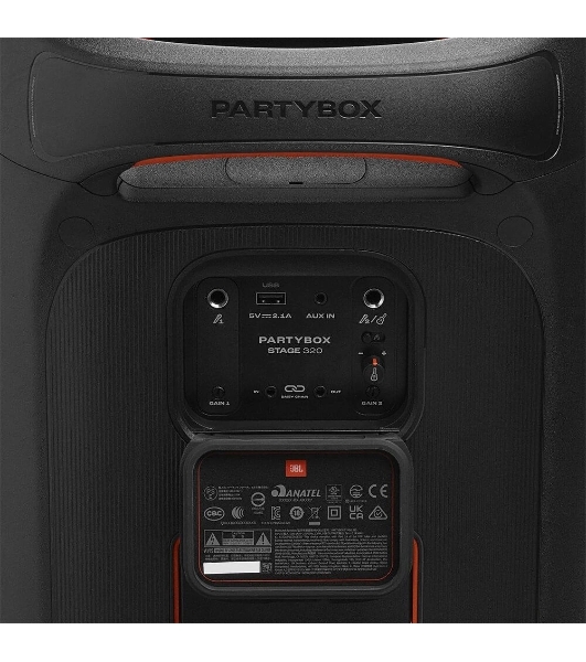 Портативная акустика JBL PartyBox Stage 320 (1.0 2 x 120 Вт, Bluetooth, AUX, USB, 6.3 мм jack, RGb подсветка, IPX4, JBLPBSTAGE320UK)