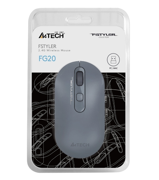 Мышь беспроводная A4Tech Fstyler FG20 пепельный/синий, 2000 dpi, радиоканал, USB, кнопки - 4