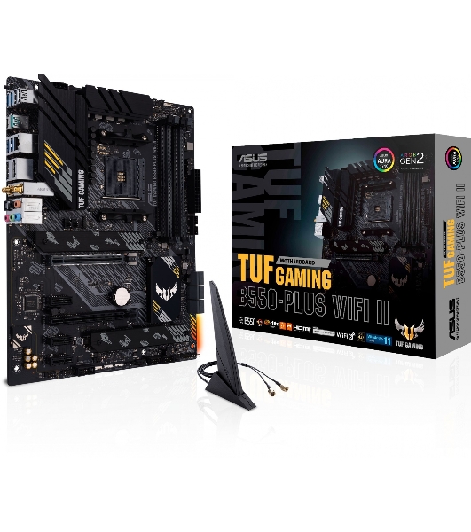 Материнская плата ASUS TUF GAMING B550-PLUS WIFI II, AM4, AMD B550, 4xDDR4, 6xSATA, 2xM.2, 1xPCI-E 3.0 x16, 1xPCI-E 4.0 x16, 3xPCI-E x1, 1xDP, 1xHDMI, 1x 2.5Gb LAN, 2xUSB-A 3.2 Gen 1, 1xUSB-A 3.2 Gen 2, 1xUSB-C 3.2 Gen 2, 3x3.5 мм, 7.1, ATX
