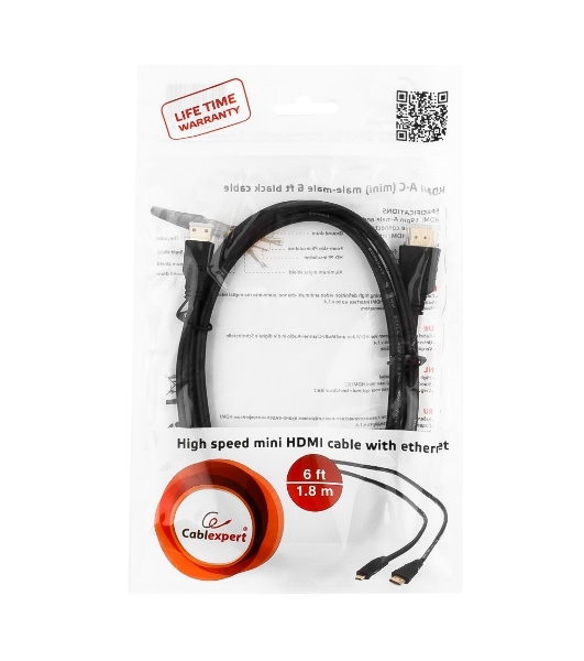 Кабель Cablexpert HDMI-mini HDMI CC-HDMI4C-6, 19M/19M, v2.0, медь, позол.разъемы, экран, 1.8м, черный, пакет