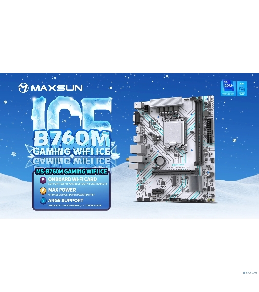 Материнская плата Maxsun B760M GAMING WIFI ICE, LGA 1700, Intel B760, 2xDDR4, 3xSATA, 1xM.2, 1xPCIe 4.0 x16, 1xPCIe x1, 1xVGA, 1xHDMI, 1x1Gb LAN, Wi-Fi 5, Bluetooth 4.2, 2xUSB-A 5Gbps, 4xUSB-A 2.0, 3x3.5 мм, 7.1, белый, mATX