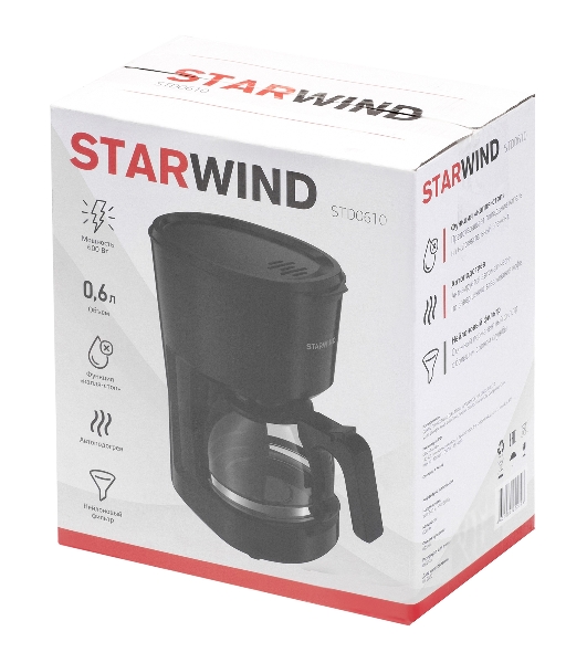 Кофеварка капельная Starwind STD0610 черный, исп. кофе - молотый, 0.6 л, 600 Вт.