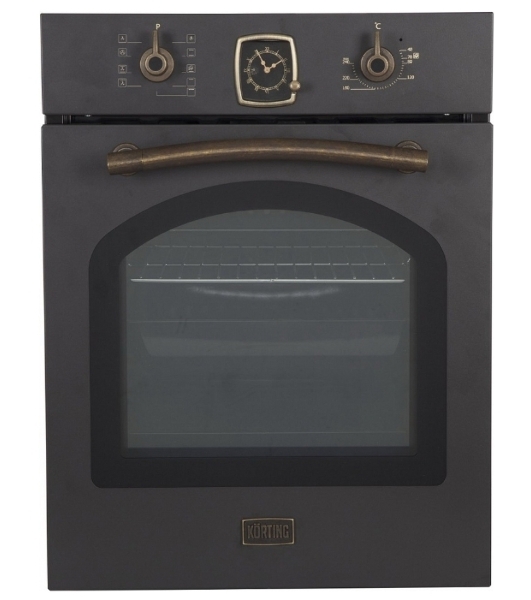 Встраиваемая электрическая духовка Korting OKB 4941 CRN/59.6 х 45 x 55 см, Духовой шкаф в ретро-дизайне, ширина 45 см, аналоговые часы в классическом стиле Frank Muller, таймера с функцией отключения, 9 режимов нагрева, объем духовки 45 л, телескопические направляющие на одном уровне, двухслойное остекление, каталитическая самоочистка, автоматическое отключение, в комплекте: 2 противня, хромированная решетка, цвет - черный; цвет ручек - бронза