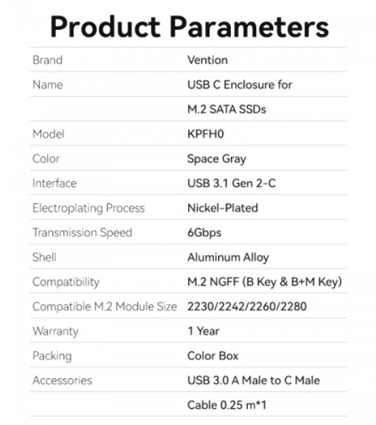 Корпус для SSD Vention USB 3.1 Gen 2-C M.2 NGFF (B-Key/B&M Key) Серый