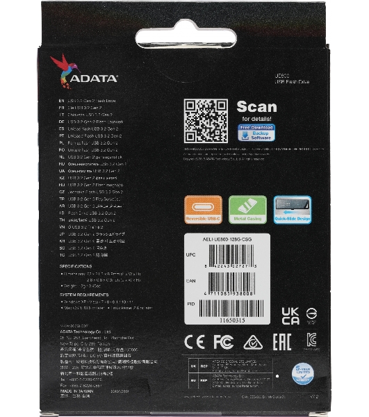 Флешка USB ADATA UE800 (AELI-UE800-128G-CSG), 128Gb, Type-C USB 3.2, R/W 1000/550, серебристый