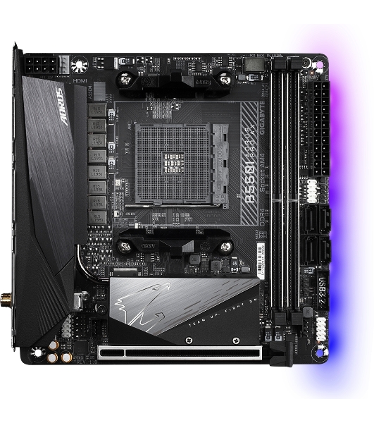 Материнская плата Gigabyte B550I AORUS PRO AX, AM4, AMD B550, 2xDDR4, 4xSATA, 2xM.2, 1xPCIe 4.0 x16, 2xHDMI, 1xDP, 1x 2.5Gb LAN, 1xUSB-C 3.2 Gen 2, 4xUSB-A 3.2 Gen 1, 3x3.5 мм, 7.1, Mini-ITX