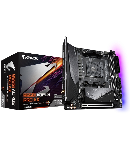 Материнская плата Gigabyte B550I AORUS PRO AX, AM4, AMD B550, 2xDDR4, 4xSATA, 2xM.2, 1xPCIe 4.0 x16, 2xHDMI, 1xDP, 1x 2.5Gb LAN, 1xUSB-C 3.2 Gen 2, 4xUSB-A 3.2 Gen 1, 3x3.5 мм, 7.1, Mini-ITX