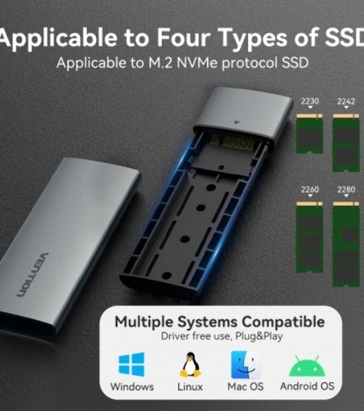 Корпус для SSD Vention USB 3.1 Gen 2-C M.2 NVMe Серый
