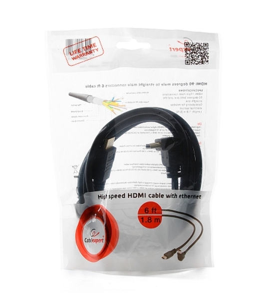 Кабель Cablexpert HDMI CC-HDMI490-6, 19M/19M, v2.0, медь, позол.разъемы, экран, угловой, 1.8м, черный, пакет