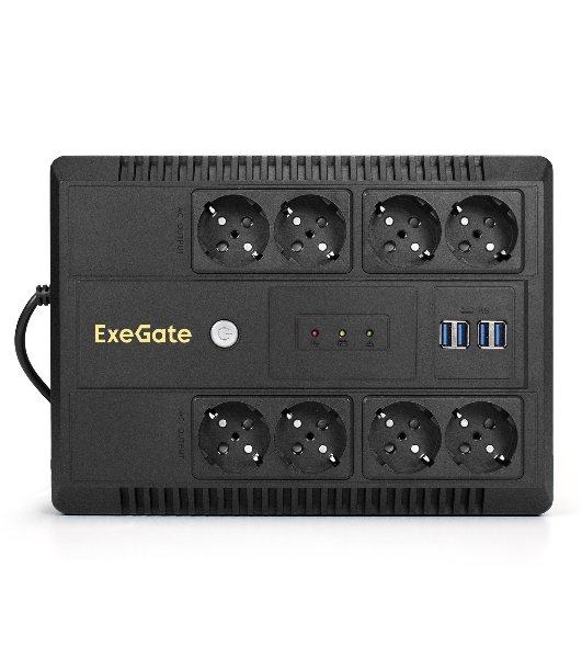 Источник бесперебойного питания ExeGate NEO NNB-1000.LED.AVR.8SH.CH 1000VA/650W, LED, AVR, 8*Schuko, 4*USB-порта для зарядки, черный