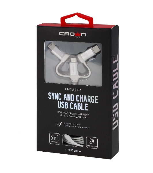 Кабель Crown USB - microUSB/USB Type-C/Lightning CMCU-3182 белый
