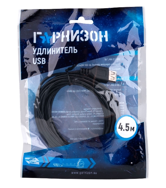 Кабель-удлинитель USB2.0 Гарнизон GCC-USB2-AMAF-4.5M, AM/AF, медь, 4.5м, черный, пакет