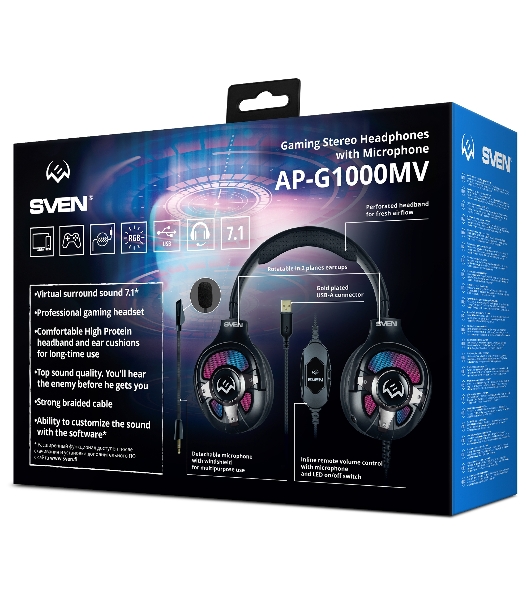 Гарнитура Sven AP-U1100MV чёрный, проводная, USB, подсветка