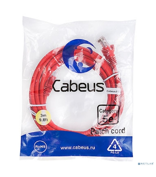 Шнур коммутационный Cabeus, Cat.5e, неэкр., U/UTP, RJ45/RJ45, LSZH, AWG24, 3м, красный