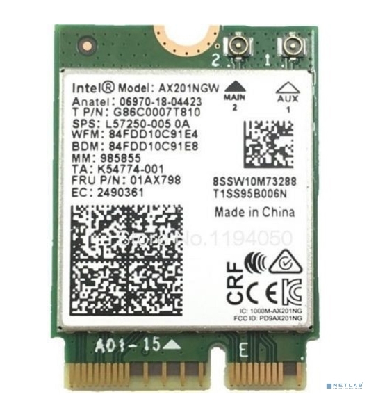 Плата сетевого контроллера Intel® Wi-Fi 6 AX201, 2230, 2x2 AX+BT, No vPro®,999TD0