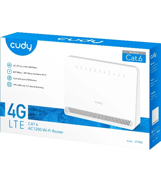Маршрутизатор AC1200 Wi-Fi 4G LTE Cat 6 Gigabit Router, 4 10/100/1000M RJ45 Ports, Nano SIM Slot, Quectel module inside,build-in 4G LTE modem, 300Mbps at 2.4GHz + 867Mbps at 5GHz, Internal Antennas, PPTP/L2TP/OpenVPN/WireGuard VPN, DNS over Cloudflare/Google/Quad9, DDNS, SMS, Band locking, TR069, TR111, Cudy Mesh Support