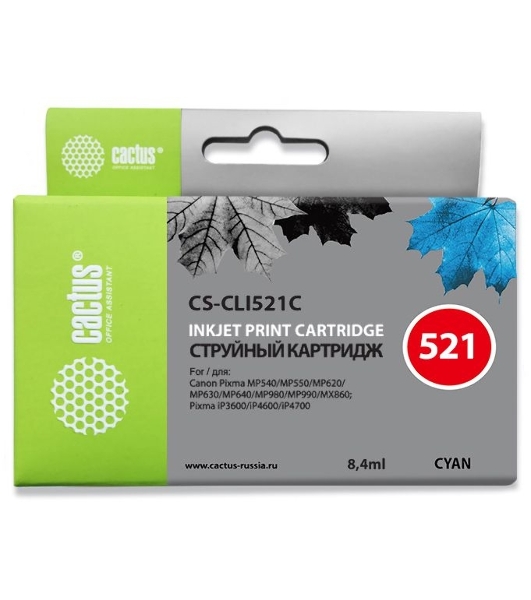 Картридж струйный Cactus CS-CLI521С голубой (8,4 мл) для Canon MP540/MP550/MP620/MP630/MP640/MP660