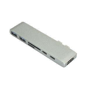 Адаптер сдвоенный Type-C на HDMI, USB 3.0*2 + Type-C* 2 + SD/TF для MacBook, серый