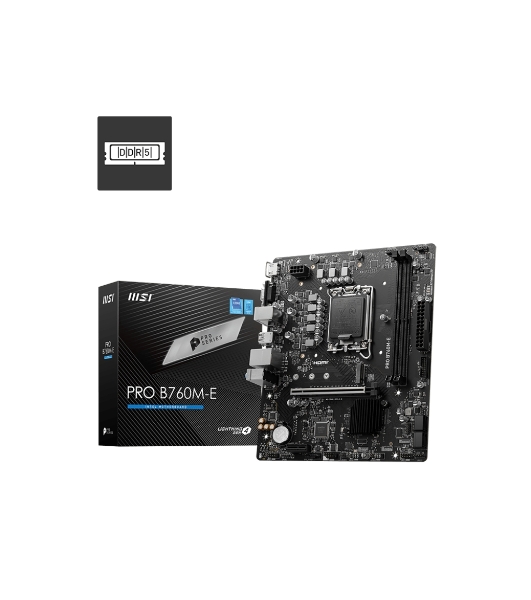Материнская плата MSI PRO B760M-E, LGA 1700, Intel B760, 2xDDR5, 4xSATA, 1xM.2, 1xPCIe 4.0 x16, 1xPCIe 4.0 x1, 1xHDMI, 1xVGA, 1x1Gb LAN, 2xUSB-A 3.2 Gen 1, 4xUSB-A 2.0, 3x3.5 мм, 7.1, mATX
